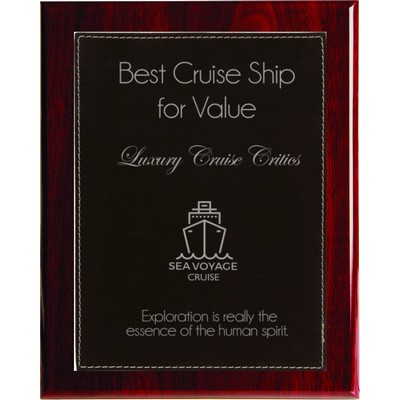 Rosewood Piano Finish Plaque with Black Faux Leather Plate, 8 x 10"