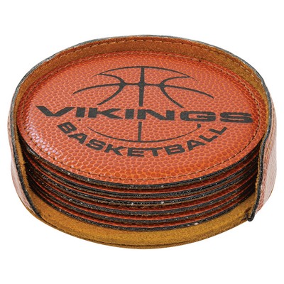 4" Round Basketball 6-Coaster Set with Holder, Laserable Leatherette