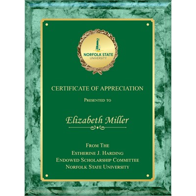 9" x 12" GREEN MARBLE finish with logo in wreath decoration