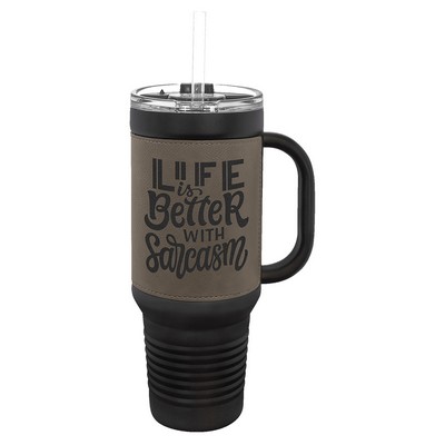Polar Camel 40 oz. Black with Gray Laserable Leatherette Travel Mug with a Handle, Straw Included