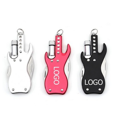 Custom Multifunctional Guitar Shape Bottle Opener Folding Knife Keychain w/LED Light