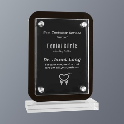 Black Floating Glass Standup Rectangle Plaque on Clear Base, Small (5-1/2"x7-3/4"H)