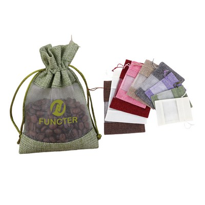Faux Hemp Organza Patchwork Drawstring Storage Bag 6.3*9"