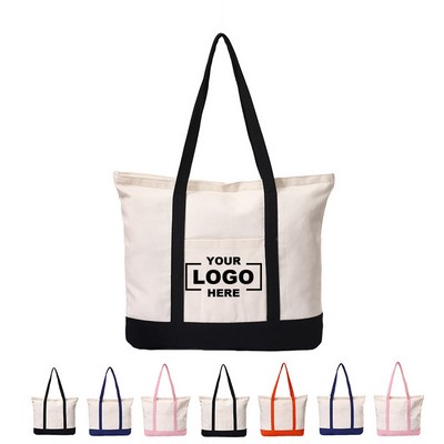 Open Top Cotton Canvas Tote Bag with an External Pocket, Reusable Grocery Shopping Bag
