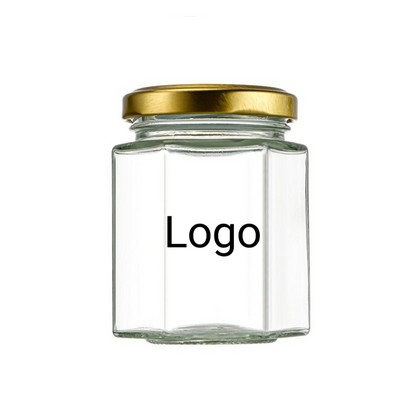Hexagonal Glass Jar W/ Gold Lid
