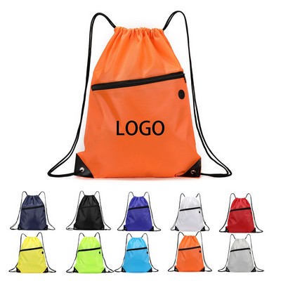 Oxford Fabric Drawstring Backpack with Front Zipper Pocket