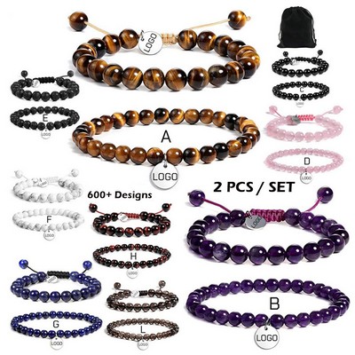 Gemstone Bead Bracelets with Customized Pendant 2PCS SET