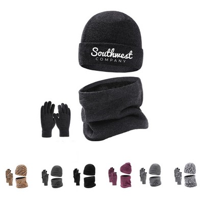 Touch Screen Knitted Gloves with Beanie and Scarf Set