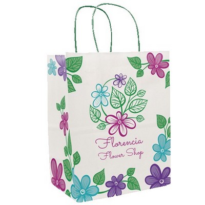 Multi-Sided Full Color White Shopper Paper Bag - Green Handle (8.25 x 10.25 x 5)