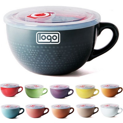 24oz Vintage Microwave Safe Ceramic Bowl w/Lid