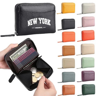Compact Zippered Coin Pocket Genuine Cowhide RFID Wallet