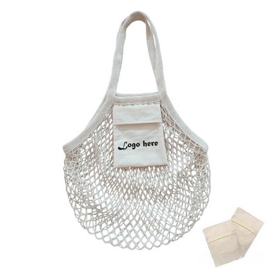 Long Handle Reusable Cotton Mesh Tote Bag With Pocket