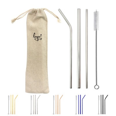 Custom Stainless Steel 4-Piece Straw Set with Carrying Pouch