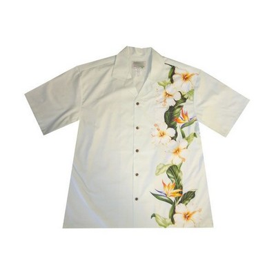 White Hawaiian Vertical Border Print Cotton Poplin Shirt w/ Button Front