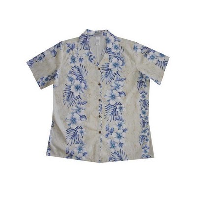 Ladies Cream Hawaiian Cotton Poplin Shirt w/ Button Front & Short Sleeves