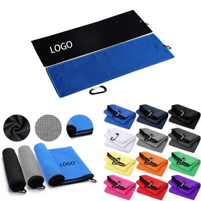 400GMS Waffle Pattern Microfiber Tri-Fold Towel w/Heavy Duty Carabiners Clip (15.75"x23.6")