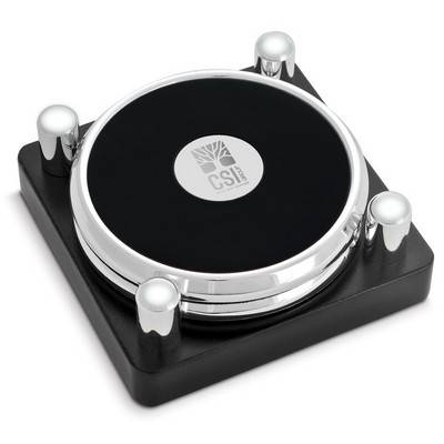 Set of Two Silver Coasters W/ Black Base & Silver Medallion