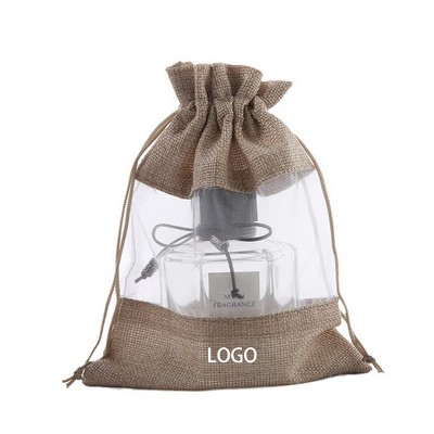Burlap Drawstring Pouch W/ Clear Window