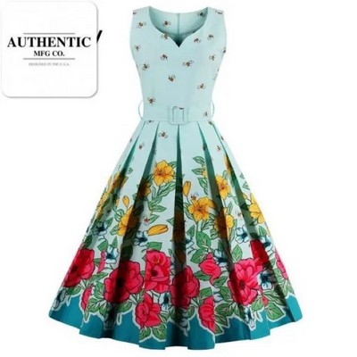 Vintage 1950s Floral Bee Print Party Dress w/Sashes