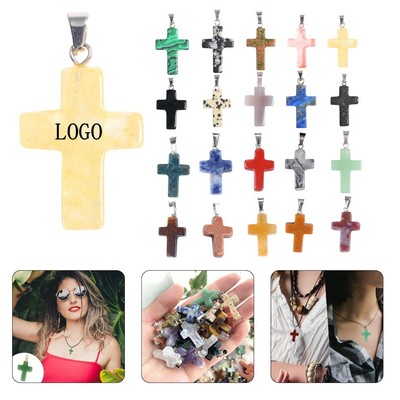 Natural Stone Cross Pendant w/ Metal Bail for Necklaces