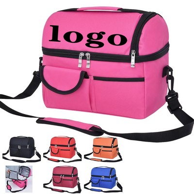 Double Deck Reusable Lunch Cooler Bag With Two Compartments