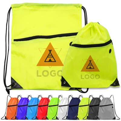 Drawstring Bag with Front Zipper Pocket Earphone Slot