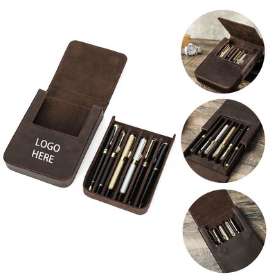 Leather 6-Pen Case Holder For Fountain Ballpoint Rollerball Pencils Office Gift
