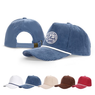 5 Panel Corduroy Sports Cap With Rope Visor And Adjustable Brass Buckle