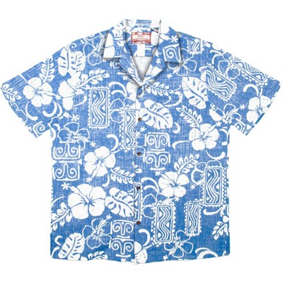 100% Cotton Poplin Blue Hawaiian Shirt w/Coconut Buttons & Short Sleeves