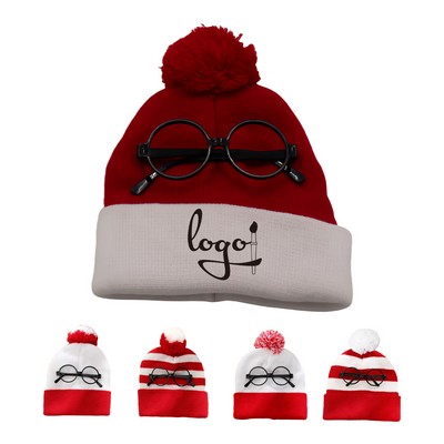 A Christmas Knitted Hat With A Pom And Glasses