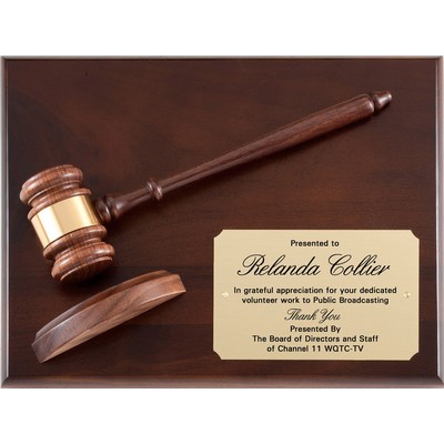 Genuine Walnut Gavel Plaque with Matching Gavel with Brass Plate , 9"x12"