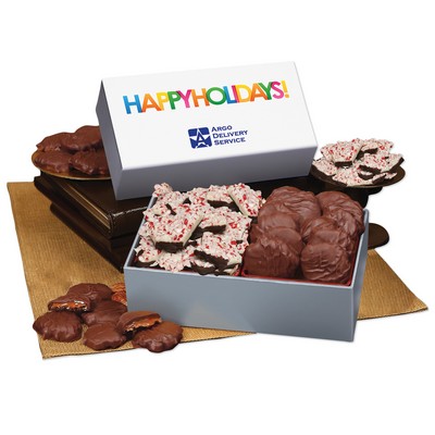 Peppermint Bark & Pecan Clusters in Gift Box with Happy Holidays Sleeve