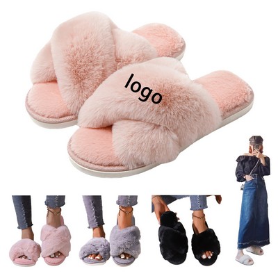 Chic Women's Cross Band Fluffy Open Toe Slippers