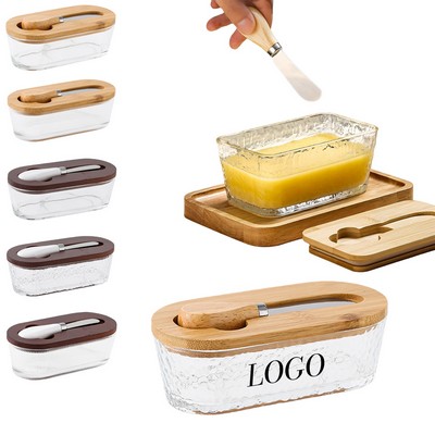 17oz Glass Butter Dish with Wooden Lid and Knife