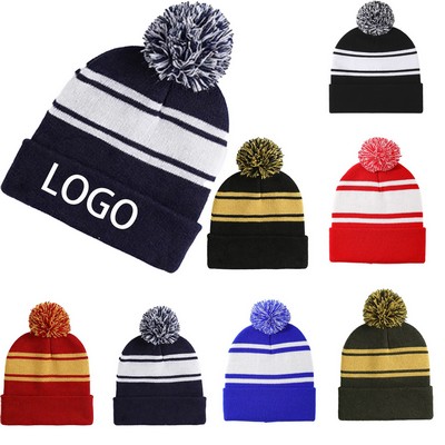 Acrylic Knit Winter Pom Pom Beanie Hat