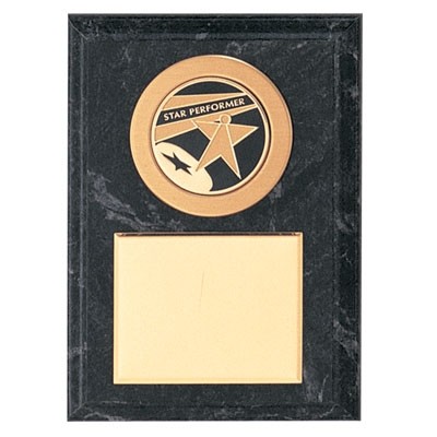 Simulated Black Marble Plaque w/Gold Plate & Round Medallion Holder (5" x 7")
