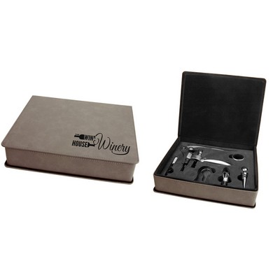 5 Piece Wine Tool Set, Gray Faux Leather