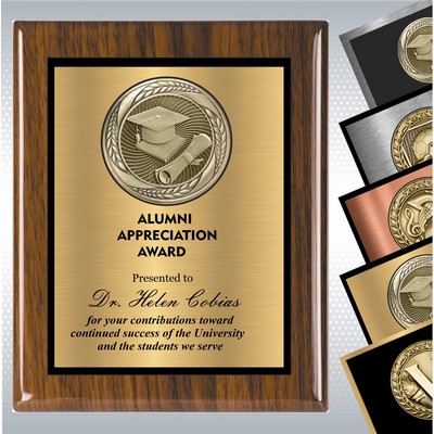 Walnut Piano Finish Wood Plaque w/Choice of Medallion Over Double Plate (8" x 10")