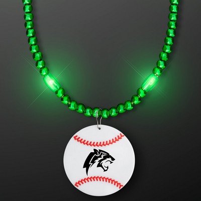 Green LED Bead Necklace with Baseball Medallion - PRINTED