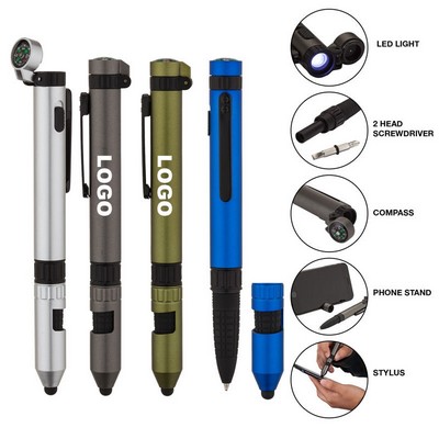 6-in-1 Multifunctional Screwdriver Tool Ballpoint Pen w/Compass & Phone Holder & LED Light & Stylus