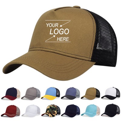 5-Panel Mesh Back Trucker Flat Brim Hat.