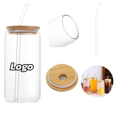16Oz Glass Cup With Bamboo Lid And Glass Straw