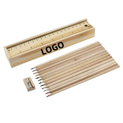 Wooden 12-Color Pencil Case With Sharpener & Ruler Lid