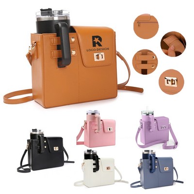 PU Leather Water Bottle Holder Tote Bag