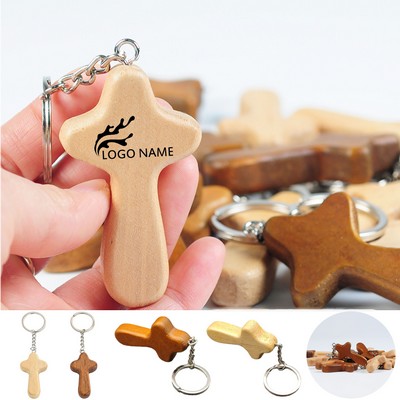 Wooden Cross Keychains with Metal Ring
