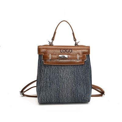 Designer Denim Rucksack Featuring Metal Buckle Fastening