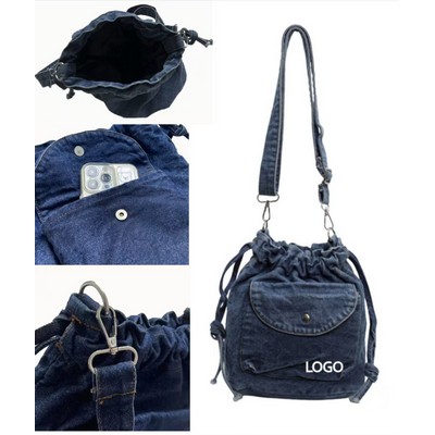 8.3 X 9.1 Inch Denim Bucket Shoulder Bag W/ Detachable Strap