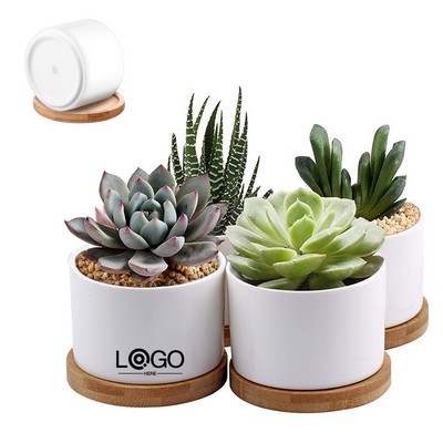 Ceramic Flower Planter Pot with Bamboo Tray