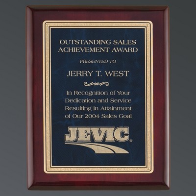 Rosewood Piano Finish Plaque, Sapphire Marble LaserFX Plate w/Florentine, Small (7"x9")