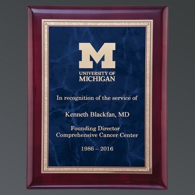 Rosewood Piano Finish Rectangle, Sapphire Blue Marble Plate w/Gold Florentine, Large (9"x12")